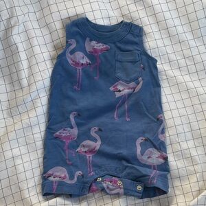 Tea Collection Blue Baby Romper with Pink Flamingos